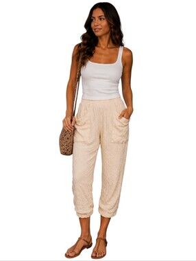 Free People Intimately Cream Crinkled Cotton Cropped Jogger Boho Lounge Small